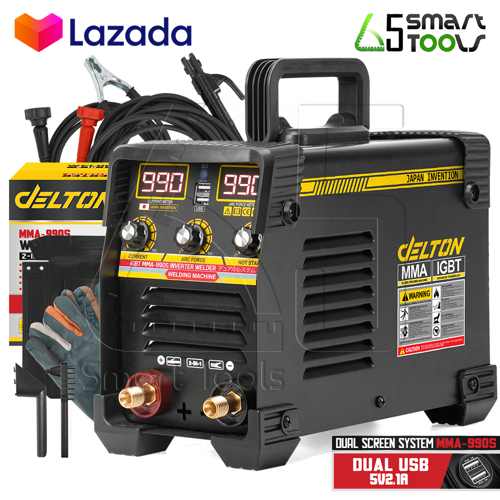 DELTON ตู้เชื่อม Inverter ตู้เชื่อมไฟฟ้า เครื่องเชื่อม IGBT MMA-990S รุ่นใหม่ 2 USB 2 หน้าจอ 3 ปุ่ม Upgrade Edition สายเชื่อม 10 เมตร สายดิน 3 เมตร Japan Technology รุ่น DT-990S