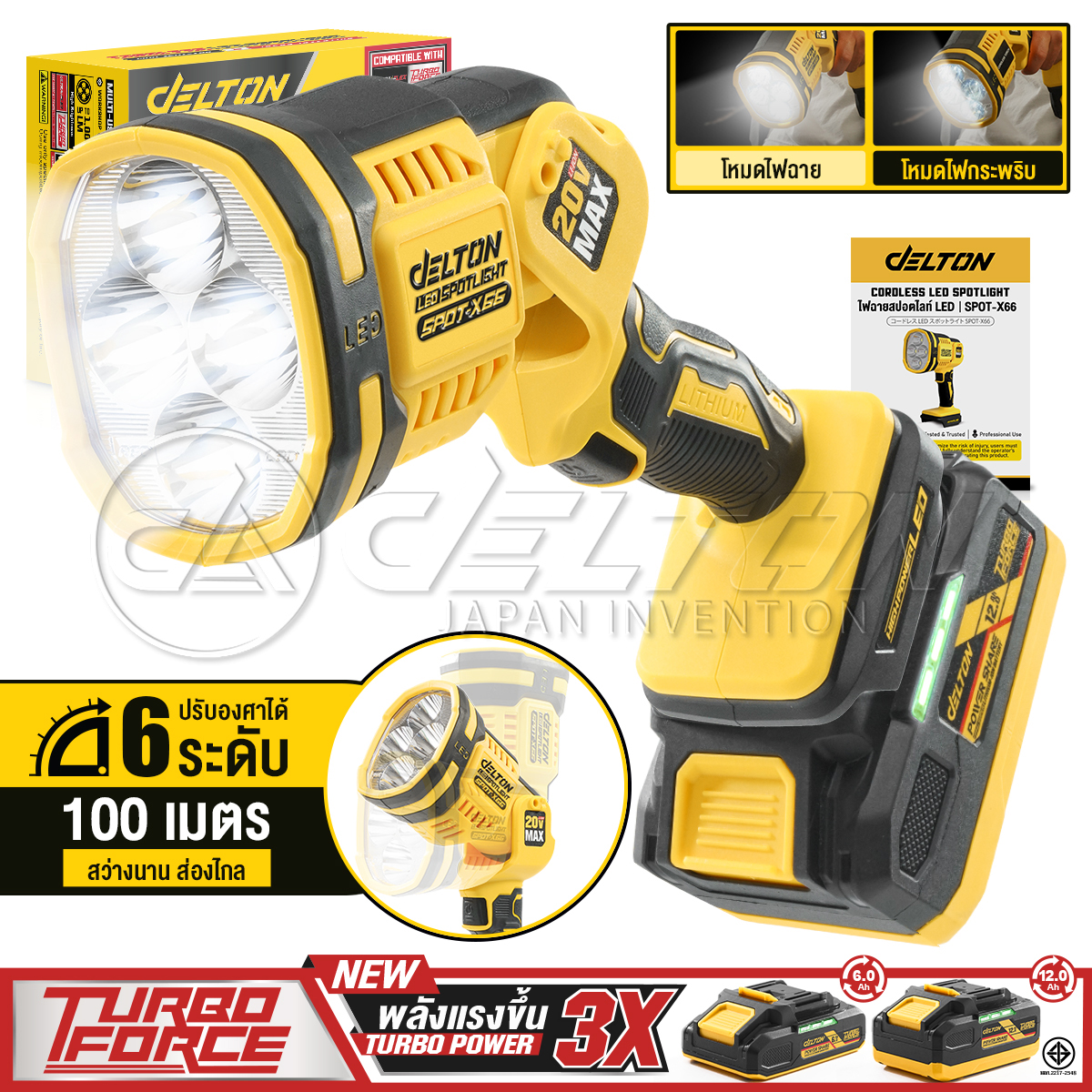 DELTON ไฟฉายไร้สาย สปอตไลท์ LED 20V ไฟฉายแรงสูง 1,000LM ส่องไกล 100 เมตร ไฟฉายหัวโตไร้สาย ไฟฉาย ไฟฉุกเฉิน Cordless Spotlight รุ่น SPOT-X66 ไฟช่าง ไฟฉายสปอตไลท์ ไฟฉายเดินป่า ตั้งแคมป์ PowerShare ใช้งานร่วมกับ DELTON แบตเตอรี่ TURBO FORCE และ UltraFlex