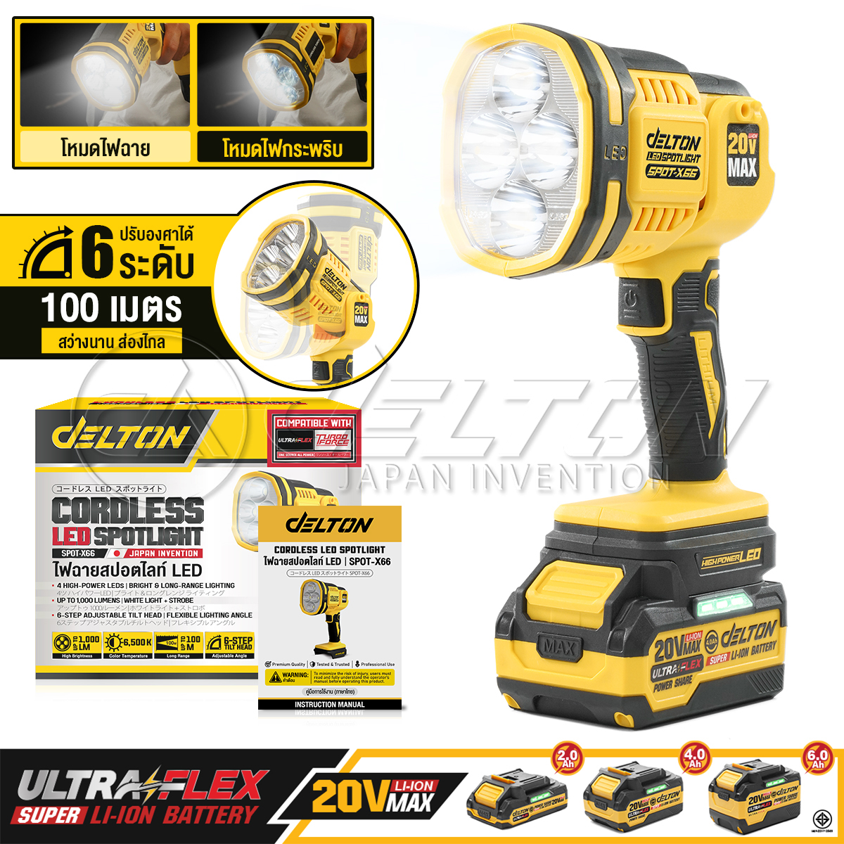DELTON ไฟฉายไร้สาย สปอตไลท์ LED 20V ไฟฉายแรงสูง 1,000LM ส่องไกล 100 เมตร ไฟฉายหัวโตไร้สาย ไฟฉาย ไฟฉุกเฉิน Cordless Spotlight รุ่น SPOT-X66 ไฟช่าง ไฟฉายสปอตไลท์ ไฟฉายเดินป่า ตั้งแคมป์ PowerShare ใช้งานร่วมกับ แบตเตอรี่ DELTON UltraFlex และ TURBO FORCE